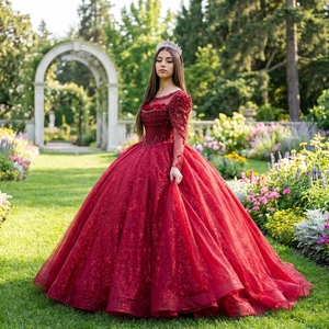 Xs298 Luxury Burgundy Quinceanera Dress <b>Glitter</b> Tulle <b>Ball</b> Gown Beaded Corset 3D Floral Illusion Train Party Gown Jancember - Product Image 1
