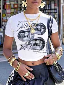 Camiseta Corta <span class=keywords><strong>de</strong></span> Mujer Estilo Hip Hop Americano con Estampado <span class=keywords><strong>de</strong></span> Labios y Letras, <span class=keywords><strong>de</strong></span> Poliéster y Spandex, Ajustada y que Expone el Ombligo - Product Image 1