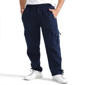 Men's Navy Blue Cargo Sweatpants Plus Size Drawstring Waist Loose Fit Casual Autumn Breathable Premium Quality Cotton Knitted - Product Image 1