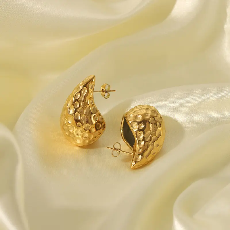 DAIHE Stainless steel water droplet hammer pattern earrings 18K gold-plated premium earrings