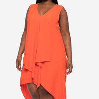 Femmes été décontracté fête orange brûlé sans manches col en v ourlet irrégulier devant drapé grande taille en mousseline de soie longues robes courbes
