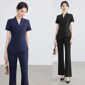 Women's Short Sleeve Suit Set Formal Work Uniform Breathable Lightweight Black Navy Polyester Spandex Commuting - Product Image 1