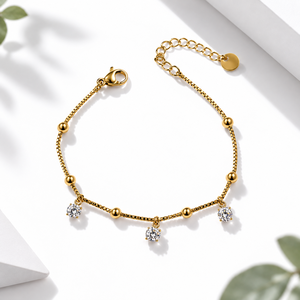 สร้อยข้อมือประดับจี้ทรงกลมเพชรซิร์คอน  โซ่สเตนเลสสตีลชุบทอง 14K แบบสุญญากาศ  พร้อมตัวล็อกแบบก้ามปูปรับได้ - Product Image 1