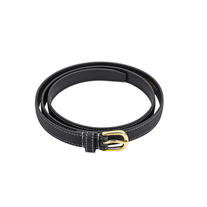 Ceinture en cuir grainé noir avec boucle dorée, ceinture fine pour femme, couture contrastée, accessoire de mode - Product Image 2