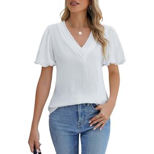 Blusa blanca para mujer con cuello en V, manga corta abullonada, gasa transpirable, top de verano, atuendo informal de trabajo - Product Image 1