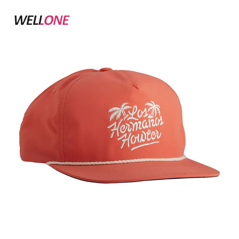 Wholesale Unisex Adjustable 5 Panel Custom Palm Tree Embroidery Logo Nylon Orange Cap Rope Hat Snapback