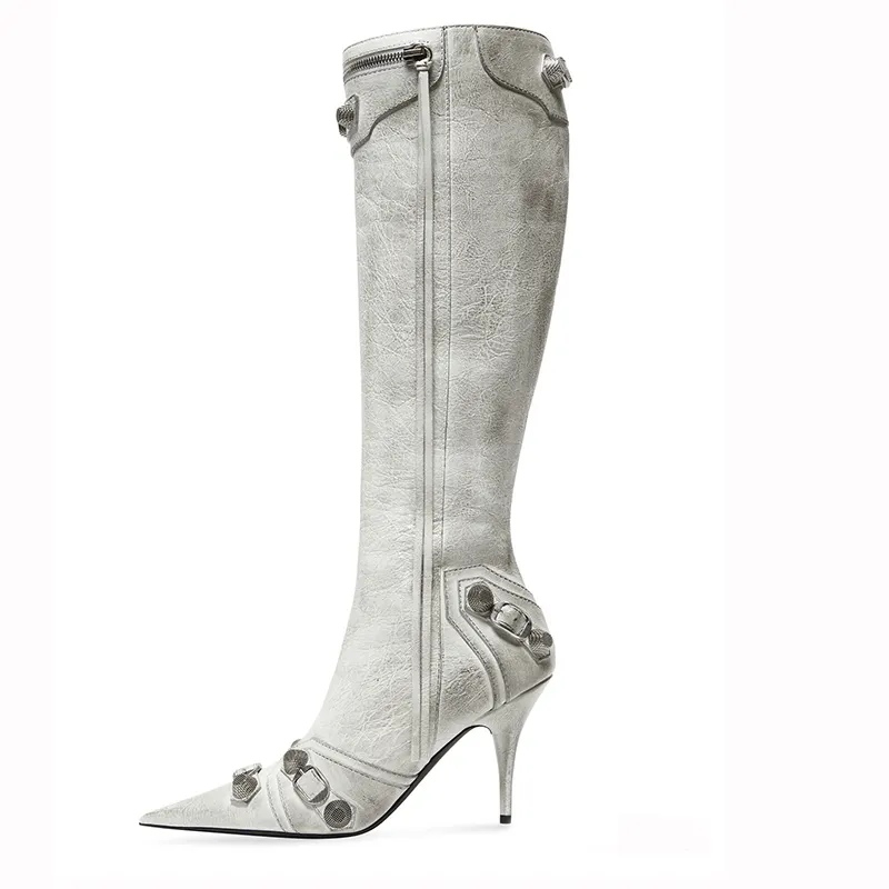 New arrival boots pointy toe rivets tassel decoration knee high zipper up high heel retro trend women boots manufacturer