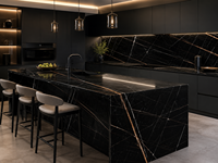 Dalles de marbre noir Sahara Noir avec veinage doré pour comptoirs de cuisine, tables à manger, meubles-lavabos de salle de bain et panneaux muraux en bois lamellé-collé