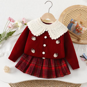 Ensemble Automne Nouveauté 2025 pour Fille : Cardigan en Maille Rouge, Pull à Col <span class=keywords><strong>Fraise</strong></span> et Jupe à Carreaux - Product Image 3