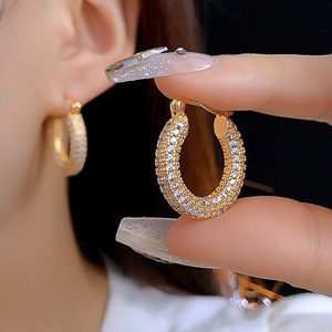 Boucles d'<span class=keywords><strong>oreilles</strong></span> créoles plaquées or véritable, super brillantes, grand cercle, élégantes, mode simple, boucle d'oreille avec incrustation de zircon, style Ins - Product Image 1