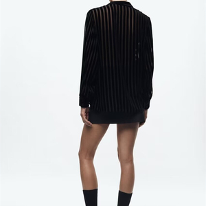 <span class=keywords><strong>Chemise</strong></span> asymétrique en velours à rayures transparentes et à col rond à manches longues pour femmes MYST&ZA, nouvelle collection été 2024, 9390109 - Product Image 3