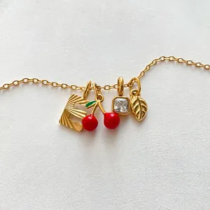 Colliers pendentifs pour femmes EManco en acier inoxydable, motif cerise <span class=keywords><strong>rouge</strong></span> texturé, géométrique, avec gemmes carrées et feuilles, lettres, cadeaux, dropshipping - Product Image 3