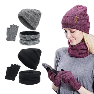 Großhandel Frauen Männer Fleece gefüttert Gestrickte Mütze Hals wärmer Touchscreen Handschuhe Set Outdoor Ski Wolle Winter mütze Schal Handschuhe Set