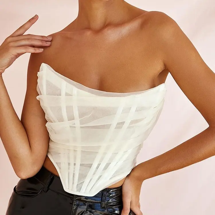 Summer 2022 Women Sexy Lace Hollow out Backless Sleeveless Lace Corset Top Irregular Mesh Strapless Bustiers Top