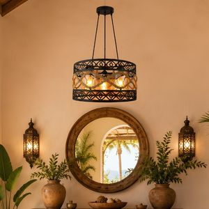 3 <b>Light</b> Velmique Crisscross Hemp <b>Rope</b> Drum Pendant <b>Light</b>, Black Metal Glass Hanging Lamp - Product Image 1