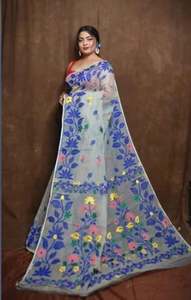 Sari Jamdani exclusif Lota, robe de mariée à motif écossais Tassar, motif asymétrique, écologique, séchage rapide, poids moyen, en soie/coton tissé - Product Image 4