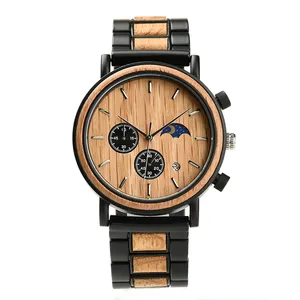 OEM unique luxury design wood watch Alloy + Walnut / Oak wood case & band PE movement fashion Chronograph mans watch