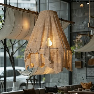 Lustre style Wabi Sabi E27 à six têtes, suspension ronde en lin pour salle à manger, décoration intérieure - Product Image 5