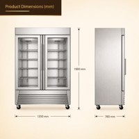 Congélateur vertical à six portes en acier inoxydable avec commande numérique, compresseur, roulettes et plateaux, idéal pour la restauration et le service alimentaire