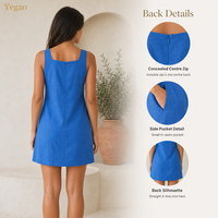 Robes Courtes Yegao pour Femmes en Mélange de Lin, Col Carré, Sans Manches, Coupe Trapèze, Poches Latérales, Robes Décontractées, Fabrication Personnalisée OEM ODM