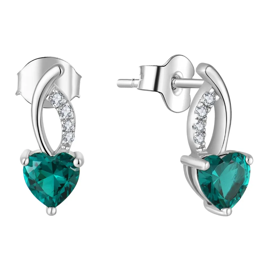 Wholesale Dainty Women Trendy Romantic Jewellery Rhodium Plated 925 Sterling Silver Green CZ Diamond Heart Shaped Stud Earrings