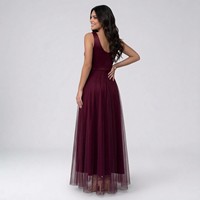 Robe longue de soirée élégante pour femme, col en V profond, bretelles spaghetti, ornée de perles, en tulle, coupe trapèze, avec superposition en maille, idéale pour les mariages et bals de promo