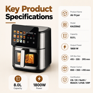 Friteuse à air compacte 1800W 8.0L avec fenêtre de visualisation, fonction de minuterie et de programmation pour usage en cantine KA23062 - Product Image 2