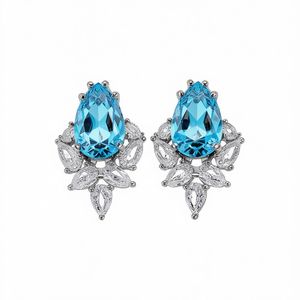 Orecchini a perno E1538 con cristalli blu, design floreale in argento 925, montatura a griffe, gioielli classici da donna per feste - Product Image 1