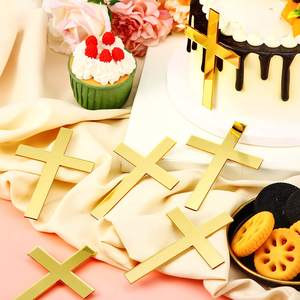 Toppers de Cupcake de baptême en acrylique, décoration de baptême chrétien classique, miroir doré, plateau de gâteau en croix en acrylique - Product Image 5
