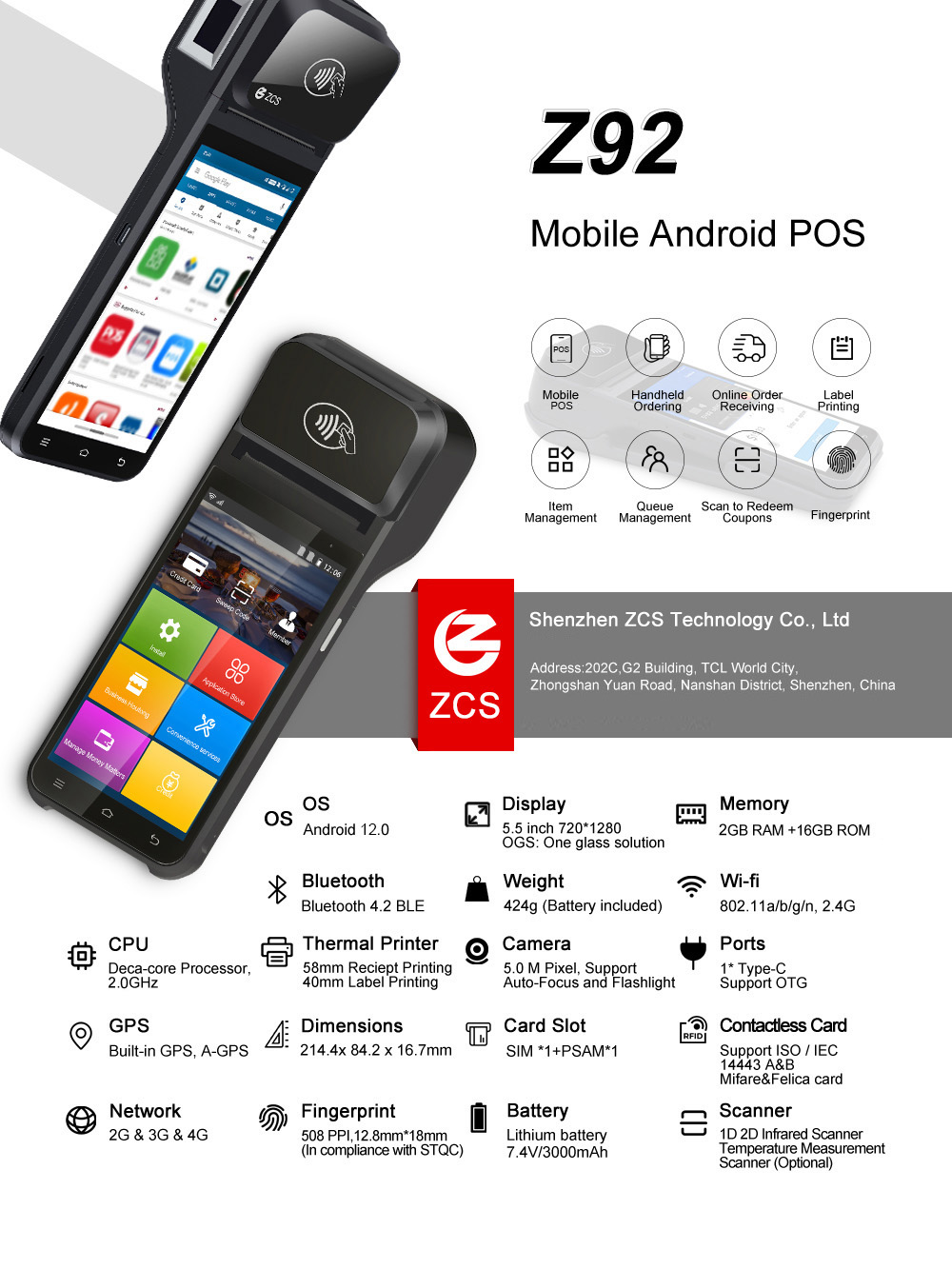 ZCS Z92 NFC POS 4G Wifi Billing Pos Machine Cash Register