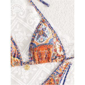 Women's Boho High Cut Bikini Set Halter Triangle Padded 2 Piece Retro Swimsuit Printed Spandex Polyester - Product Image 3