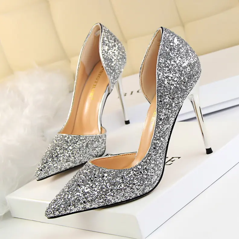 Professional Wedding Glitter Leather Shoes Shiny Stiletto Pumps Mouth Pointed High Heels All-match Women's Shoes