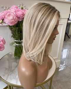 Pelucas de Cabello Ruso Virgen 100% con Raíz Marrón y Reflejos <span class=keywords><strong>Rubio</strong></span> <span class=keywords><strong>Ceniza</strong></span>, Corte Bob <span class=keywords><strong>Corto</strong></span>, con Cierre de Encaje de Seda 4x4 para Mujeres Blancas - Product Image 4