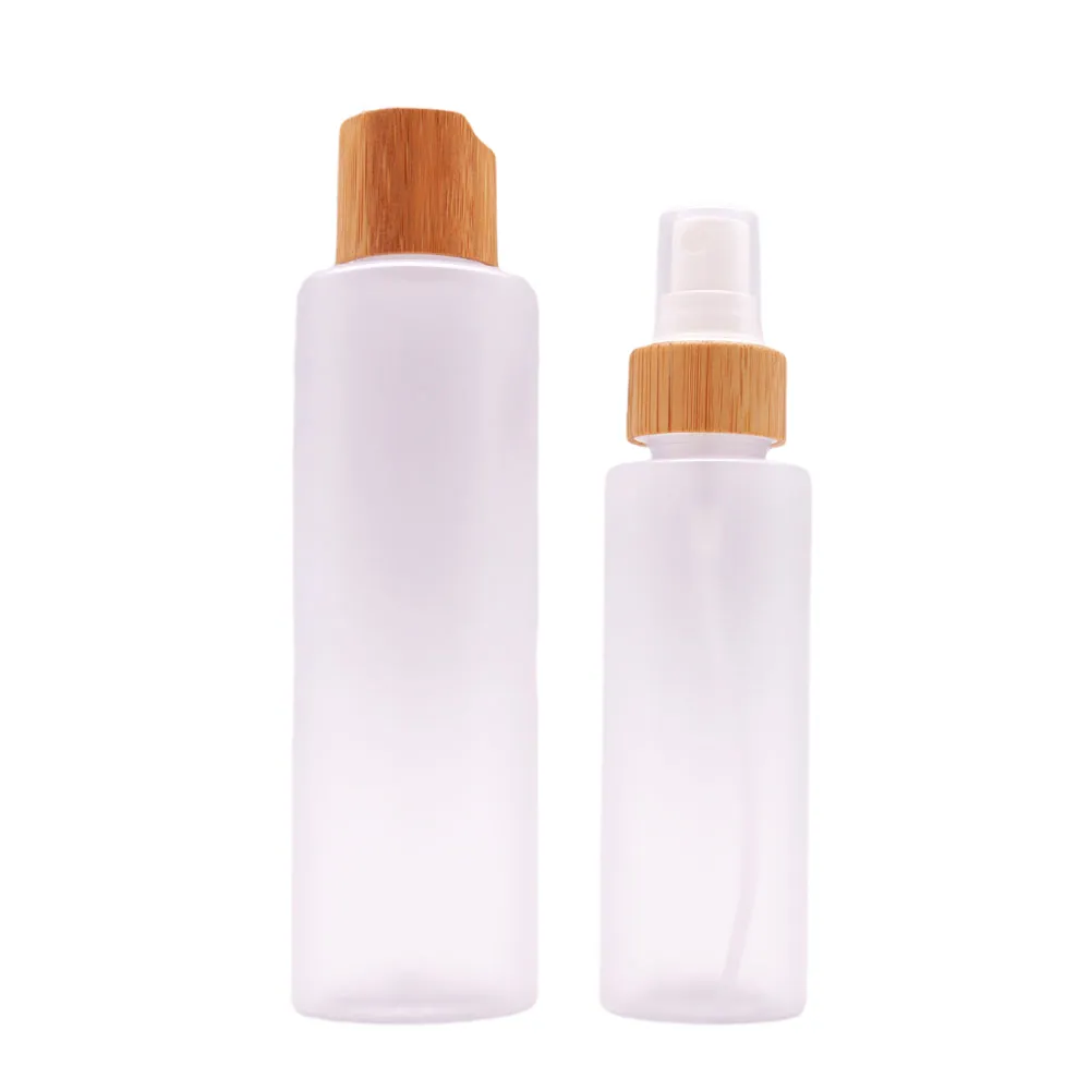 100ml 150ml 200ml 250ml trasparente bianco piatto di plastica spalla PET shampoo cosmetico lozione pompa spray bottiglia con coperchio di bambù top cap