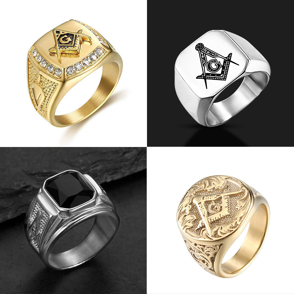 Embossed Stamped Freemason Masonic Stainless Steel Black Enamel Mens