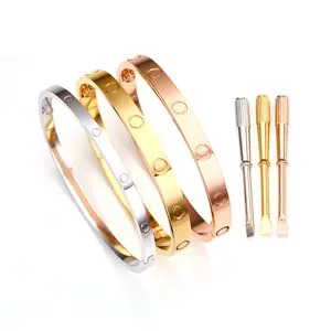 Luxury Designer Gold Plated Stainless Steel Bracelet CZ Love Screw Bangle Bracelets For Women Men