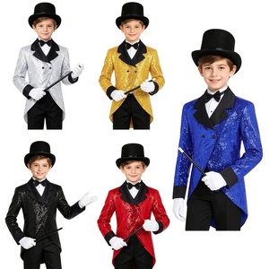 Costume de magicien pour garçons, ensemble de frac à paillettes pour enfants avec chapeau haut-de-forme, gants, baguette magique, spectacle de magie, cosplay, performance sur scène - Product Image 1