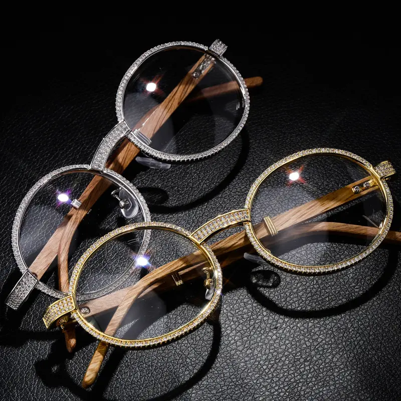 Fashion Jewelry Bling Bling Full Iced Out Glasses HipHop Lab Diamond Eyeglass With Wooden Temple