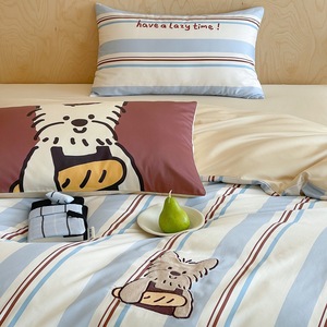 Parure de lit 4 pièces en coton 100% à rayures motif chien de dessin animé, douce et respirante, en coton à fibres longues, <span class=keywords><strong>pour</strong></span> filles - Product Image 2