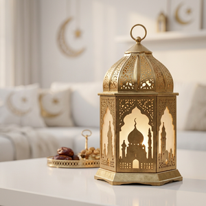Última Novedad en Decoración para el Hogar para el Ramadán 2027, Farol de Vela de Metal y Vidrio Hecho a Mano en Marruecos, Estilo Antiguo, con Diseño de Mezquita - Product Image 1