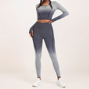 Ensemble 2 pièces haut de gamme pour femme, veste de yoga à manches longues et legging de fitness à séchage rapide, avec <span class=keywords><strong>dégradé</strong></span> personnalisé en usine, pour la course à pied, modèle explosif - Product Image 4