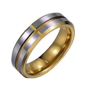 Unisex Gold Plated Stainless Steel Cross Wedding Band Classic Religious Christian Ring for Wedding Occasion - Product Image 1