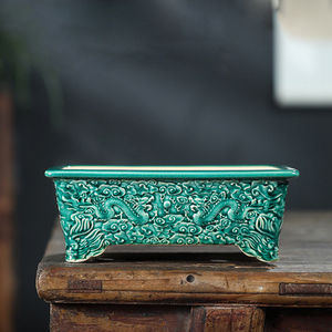 Maceta rectangular esmaltada hecha a mano con diseño de dragón chino, jardinera de cerámica verde para uso en interiores y exteriores. - Product Image 1
