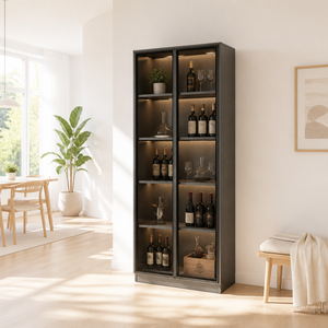 Mueble Bar <span class=keywords><strong>con</strong></span> Estantes Abiertos y Almacenamiento Inferior Cerrado, Mueble para Vino Negro <span class=keywords><strong>con</strong></span> Exhibidor para Botellas, Copas y Utensilios de Bar - Product Image 1