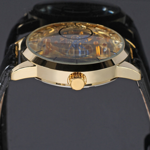 Luxury Vintage <b>Skeleton</b> Mechanical <b>Watch</b> for Men Gold Open Work Dial Black Leather Strap Mechanical Wristwatch - Product Image 5
