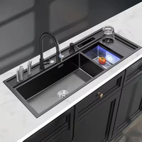 Évier de cuisine avec robinet multifonction cascade, touches piano, surface noire nano, évier de cuisine SUS304