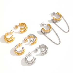 Pendientes de acero inoxidable con forma de C de doble capa geométrica, color oro y plata, a la moda para mujer - Product Image 4