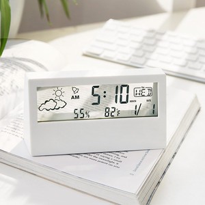 LCD Desk Alarm Clock White with Calendar and Digital Temperature Humidity Modern Home Office Watch <b>Battery</b> Operated - Product Image 4