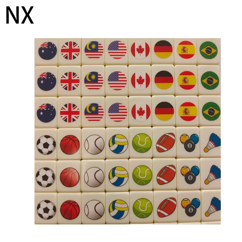 अनुकूलित सस्ते आयताकार आकार के पारिवारिक अवकाश मनोरंजन खिलौने देशों के ध्वज के साथ प्यारा माहजोंग सेट