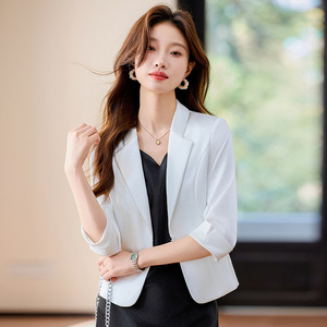 Women's Acetate Satin <b>Blazer</b> Three Quarter Sleeve Lightweight Breathable Black Suit <b>Set</b> For Summer Style - Product Image 3